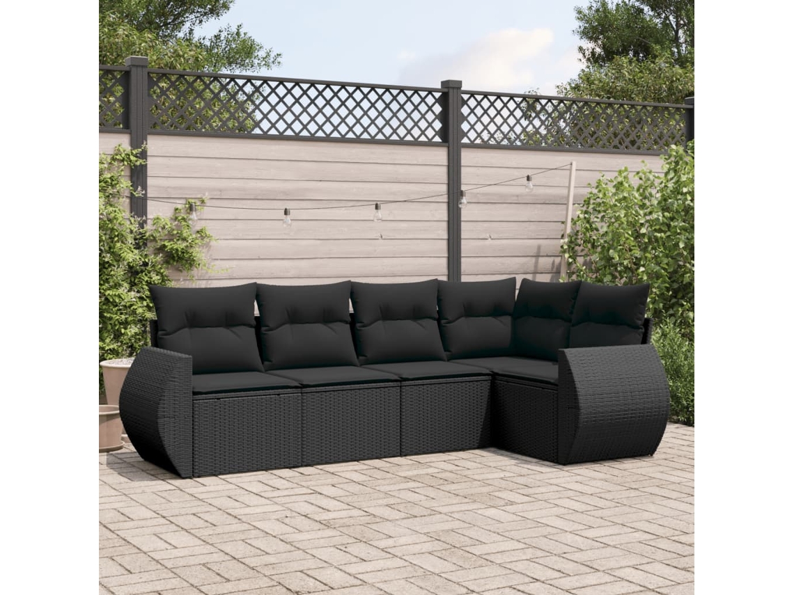Vidaxl 5 Pcs Conjunto Sofás De Jardim Com Almofadões Vime Pe Preto