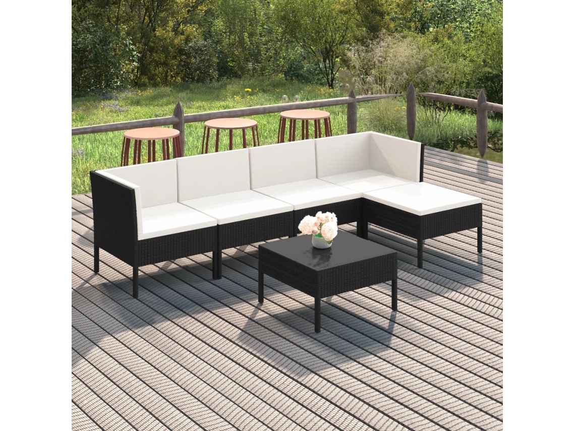 Vidaxl 6 Pcs Conjunto Lounge De Jardim C/ Almofadões Vime Pe Preto