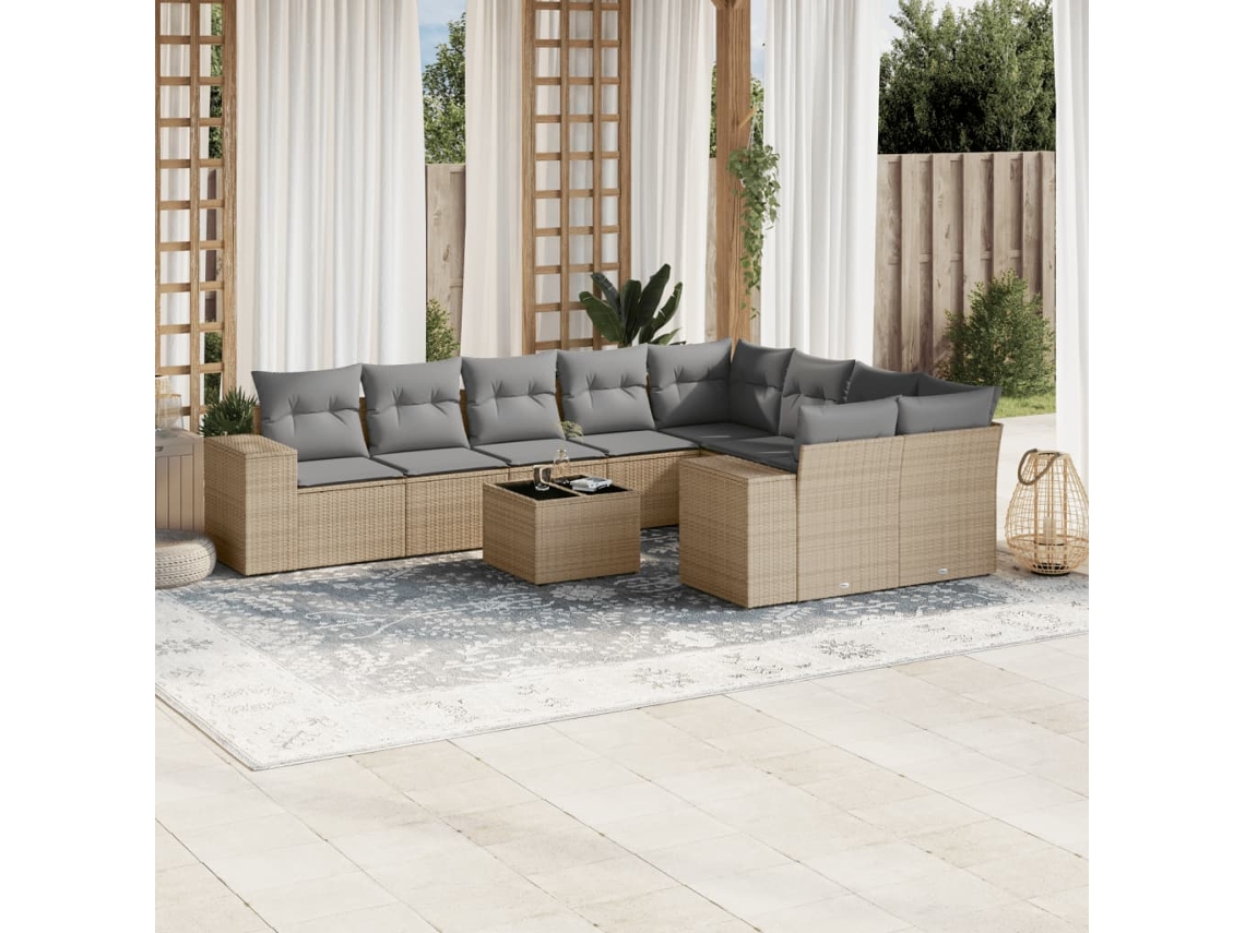 Vidaxl 10 Pcs Conjunto De Sofás P/ Jardim Com Almofadões Vime Pe Bege