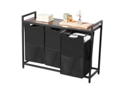 Cesto para Roupa com Tábua de Madeira, Classificador Roupas 980 X 330 710 Mm 3 Sacos Extensíveis Tecido Oxford 600d e Estrutura Metal, Banheiro, Preto