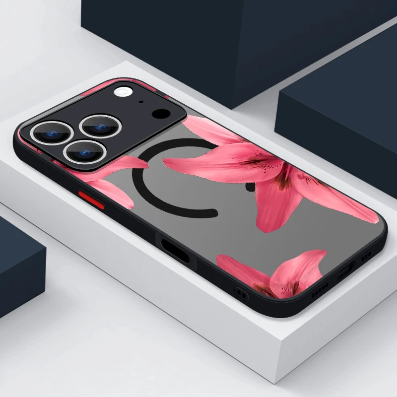(preto) Capa Magnética Realista Com Estampa De Flor Para Iphone 16, Compatível Com A Interface Magnética Magsafe.