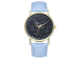 Relógio de quartzo unissex com pulseira de couro PU, mostrador moderno e estampa do universo em azul claro.