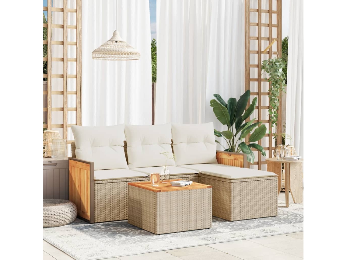Vidaxl 5 Pcs Conjunto De Sofás P/ Jardim Com Almofadões Vime Pe Bege