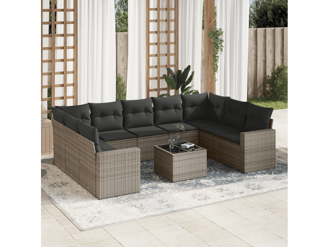 10 Pcs Conjunto Sofás De Jardim C/ Almofadões Vime Pe Cinza Dkd Home Decor
