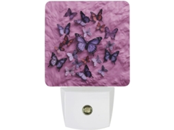 Luminária noturna de LED Tomada, com estampa de borboleta em fundo vermelho, sensor crepuscular, ideal para corredores.
