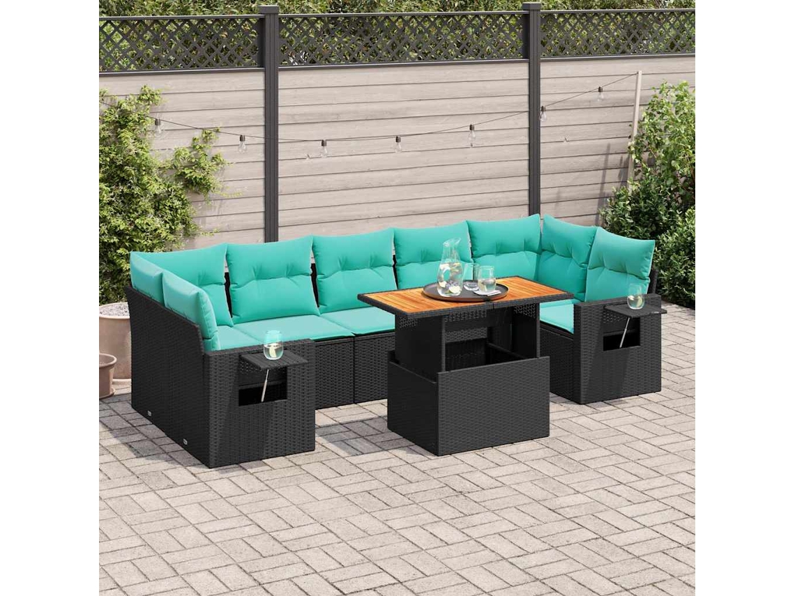 Vidaxl 8 Pcs Conjunto Sofás De Jardim Com Almofadões Vime Pe Preto
