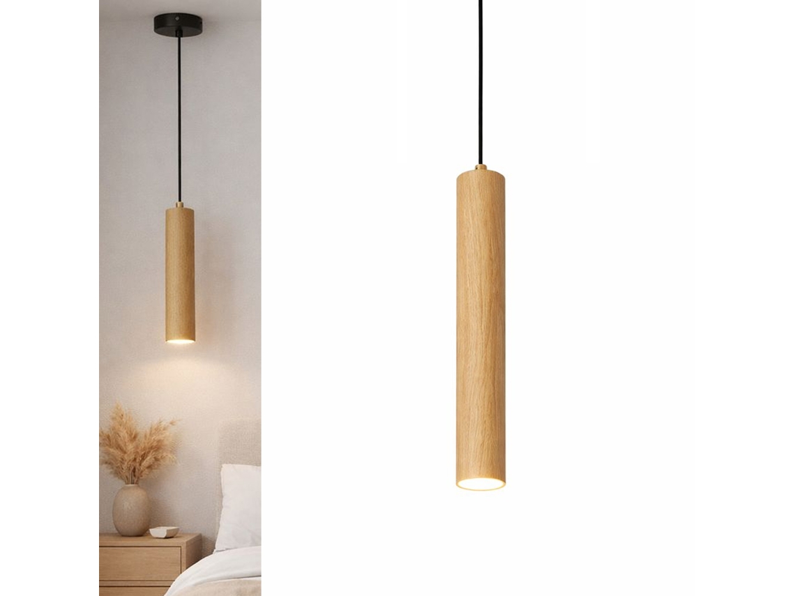 Candeeiro Suspenso Moderno Em Alumínio Com Efeito Madeira, Tubo Ø40 Cm, Gu10 E Altura Ajustável