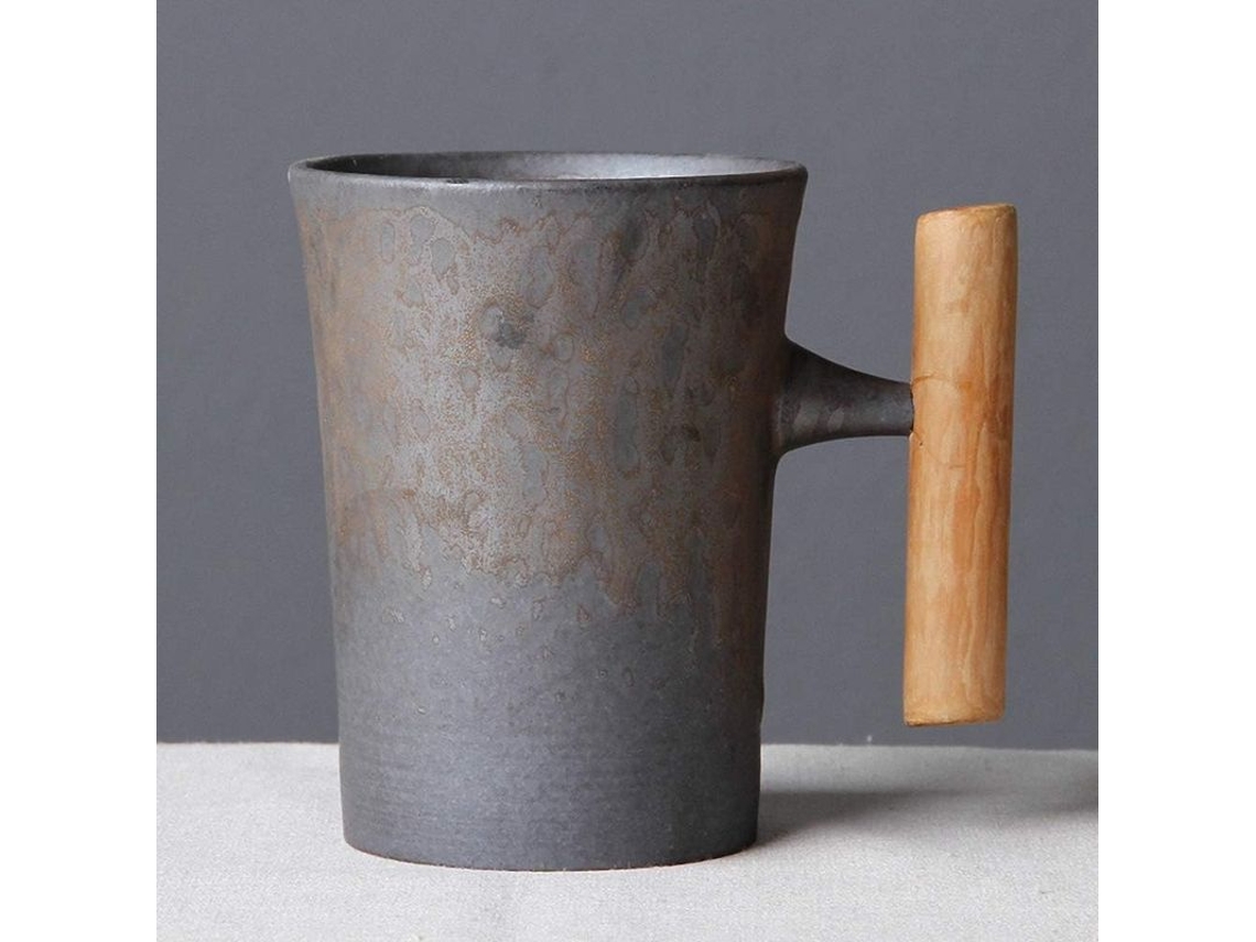 Caneca vintage japonesa de cerâmica com alça de madeira, modelo 2026, ideal para café e chá em casa e no escritório, cor cinza.