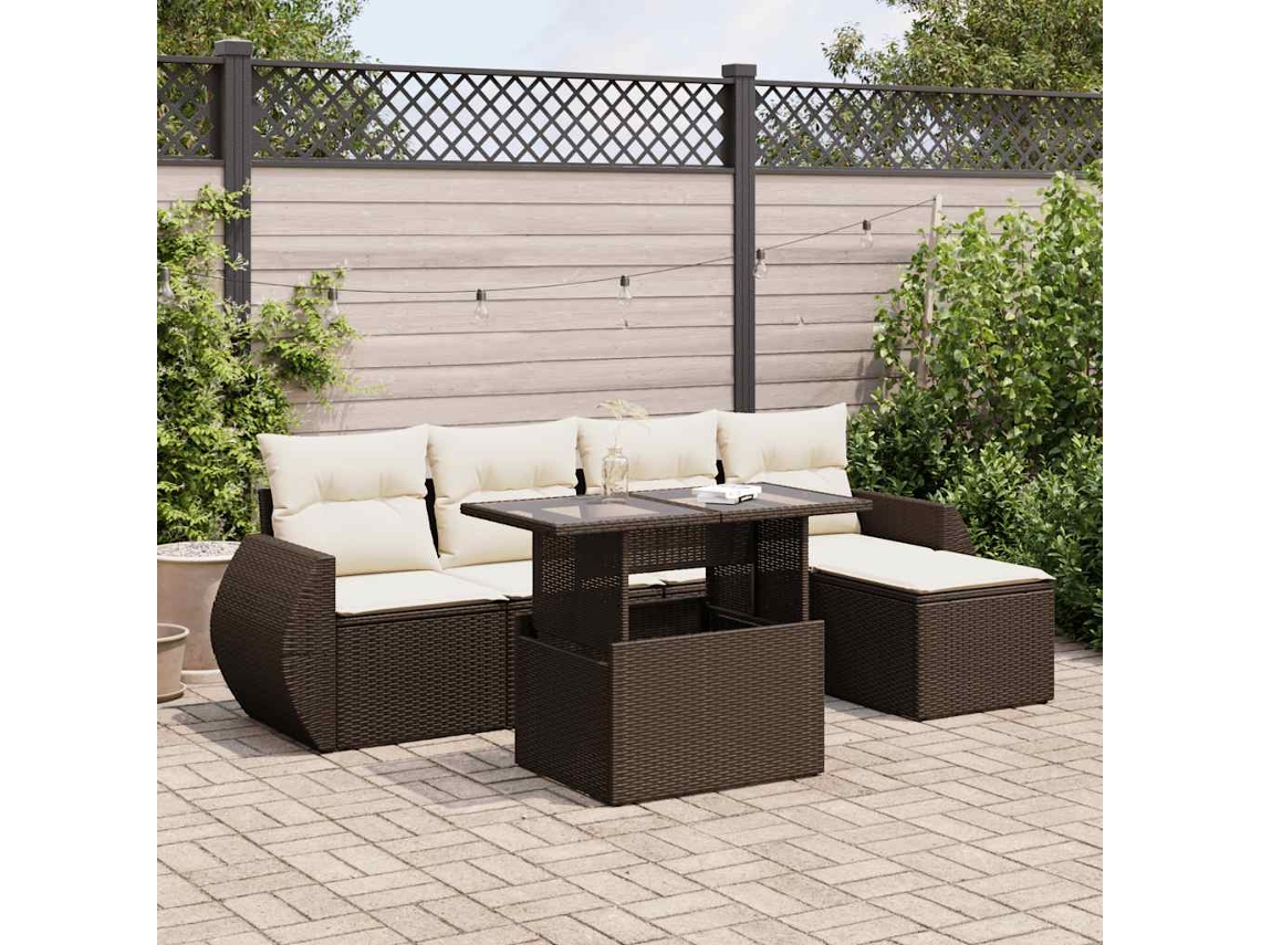 Vidaxl 6 Pcs Conjunto De Sofás Jardim C/ Almofadões Vime Pe Castanho