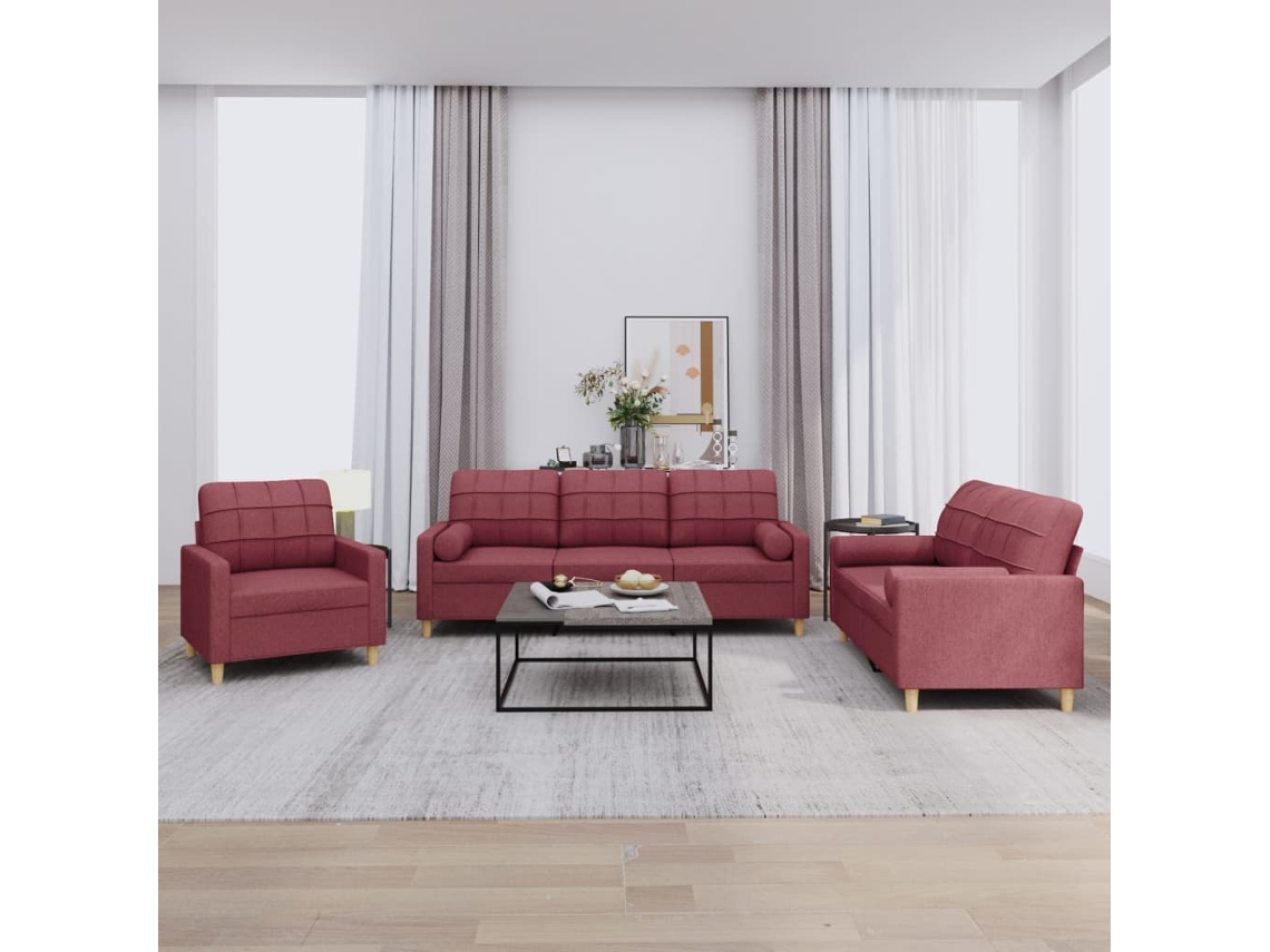 Vidaxl 3 Pcs Conjunto De Sofás Com Almofadas Tecido Vermelho-tinto