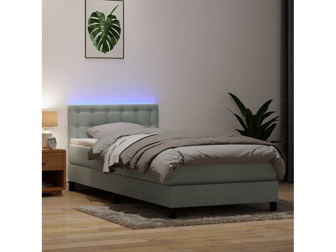 Vidaxl Cama Box Spring C/ Colchão E Led Cinzento-claro 80x210 Cm Veludo