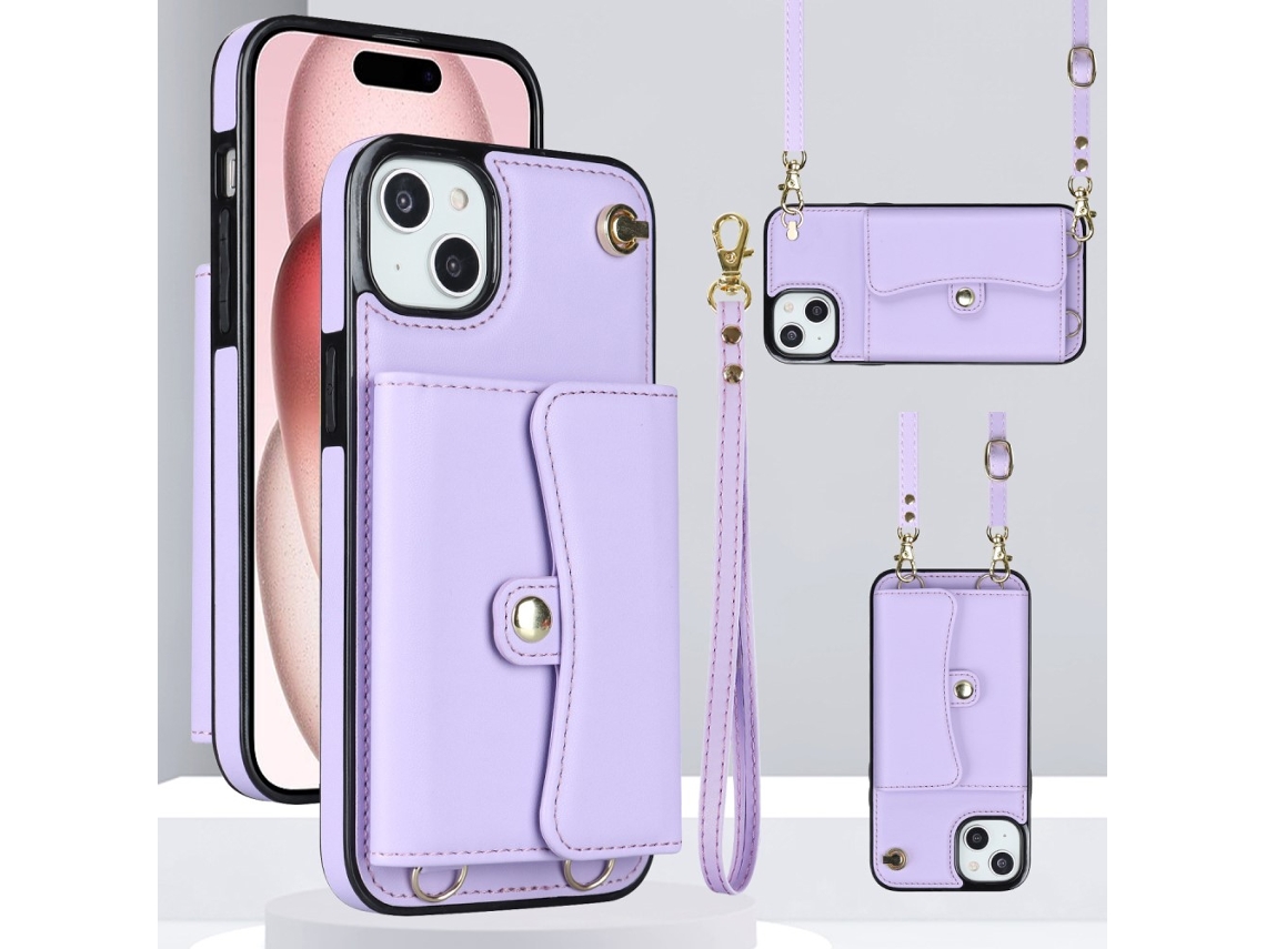 Suporte Casa Pega Para Iphone 15 Plus Pele Sintética Com Porta-cartões Roxo