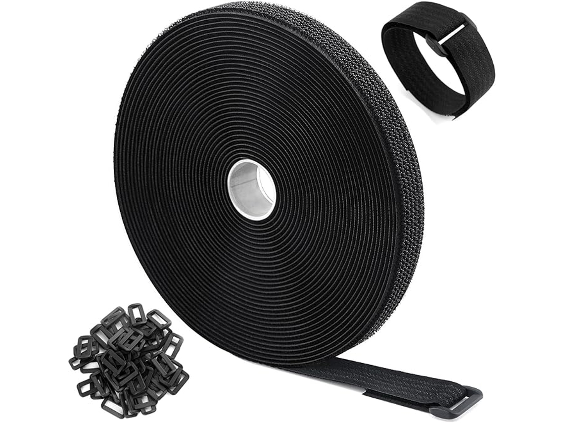 Fita Velcro Preta 10m X 2,5cm com 50 Fivelas, Corte Livre, Reutilizável ZYBLSSBB