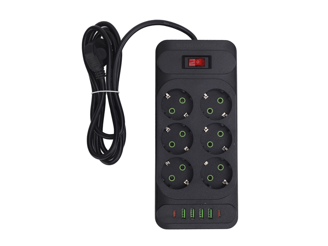 Barramento De Tomadas 6 Tomadas 4 Usb 2 Usb-c Com Interruptor E Cabo 2m Montável Na Parede