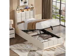Cama Individual 90x200 Cm Com Led, Usb E Espaço Para Arrumação. Cama Com Base E Cabeceira Com Espaço Para Arrumação, Colchão Não Incluído, Bege