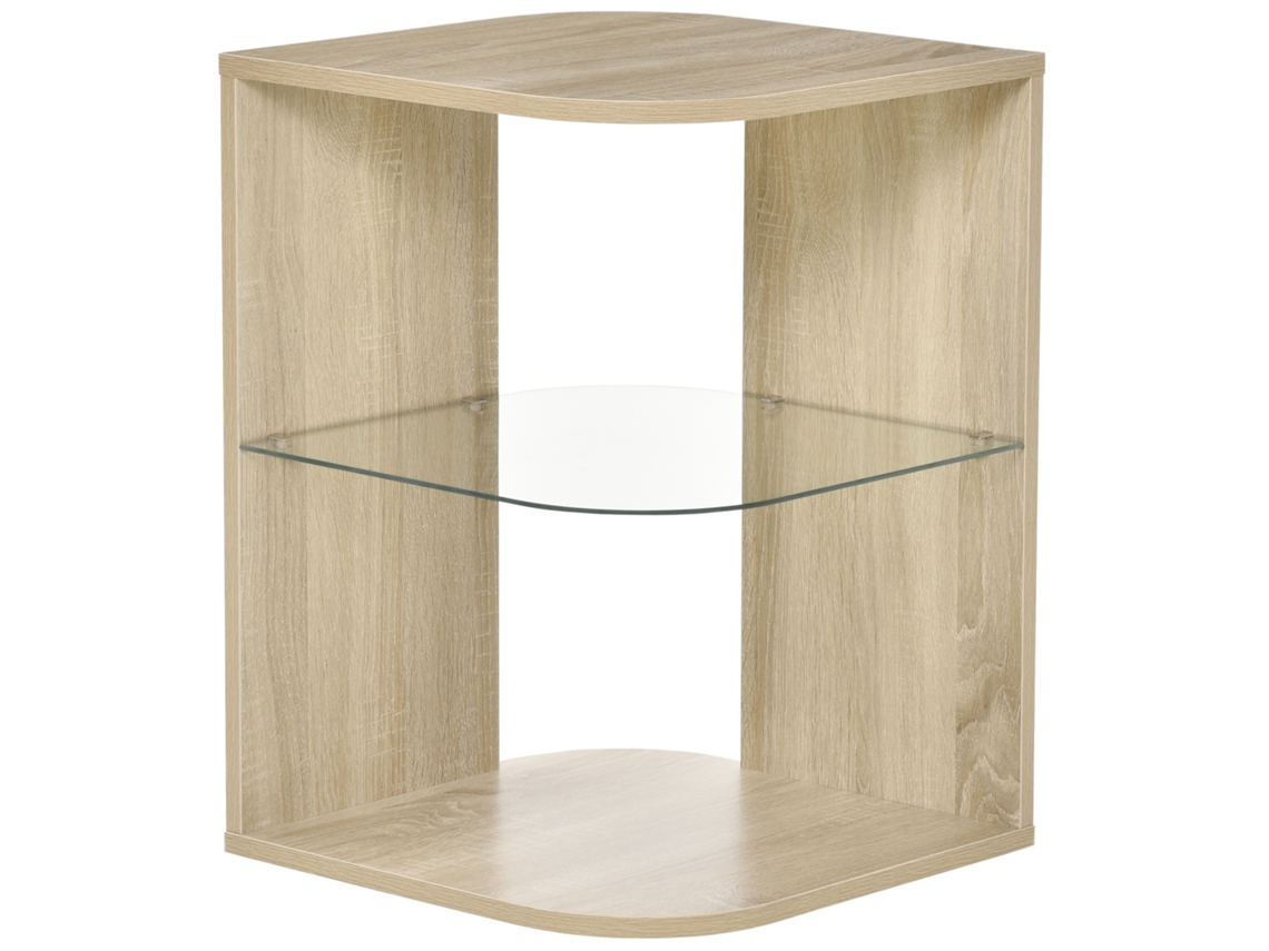 Criado mudo 40x40x56cm Madeira Natural, 3 Prateleiras e Tampo de Vidro, Design Moderno para Quarto e Sala de Estar. Ge