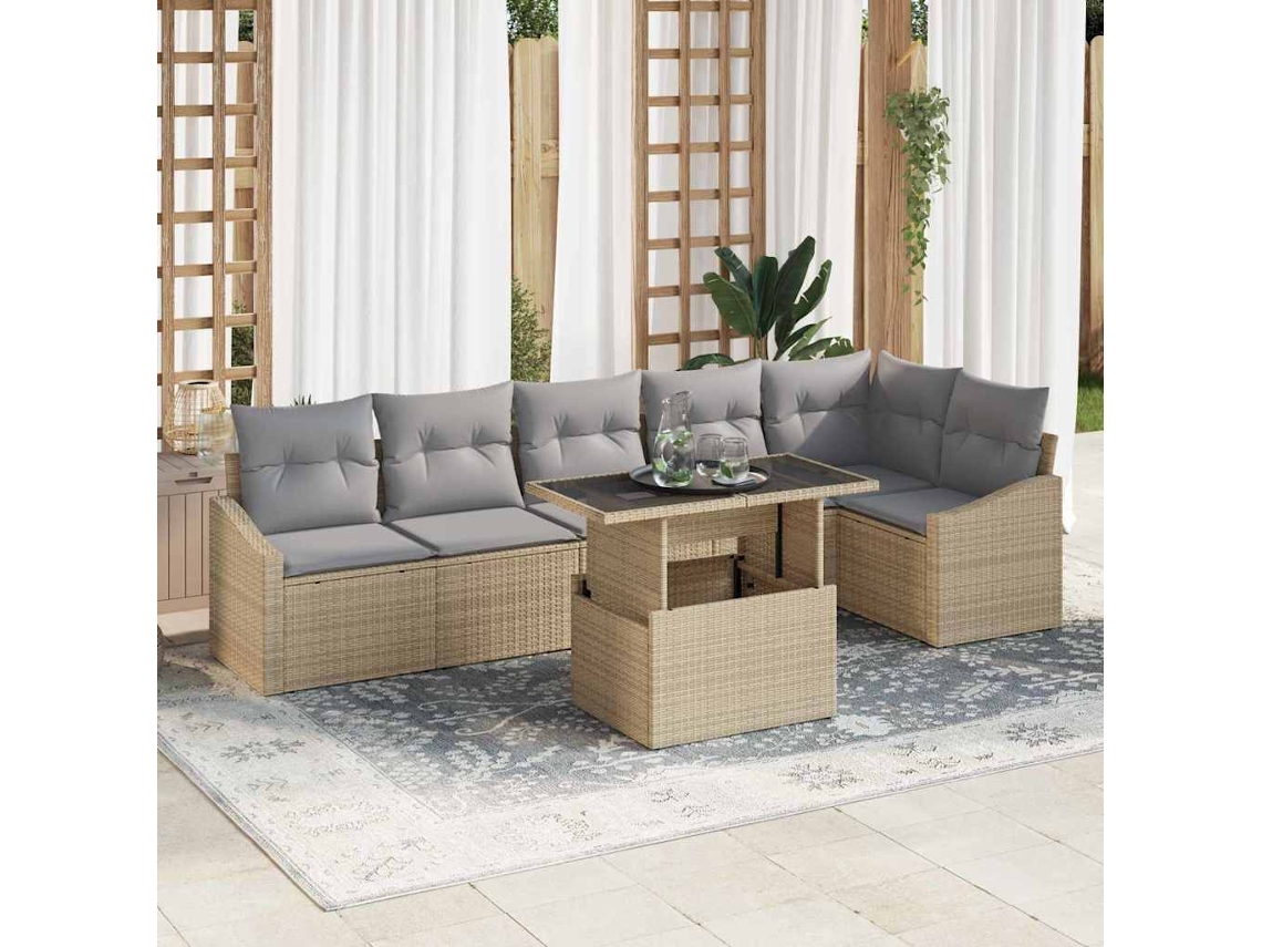 Vidaxl Conjunto De Sofá De Jardim 7 Unid. Bege E Cinza Claro Vime Pe