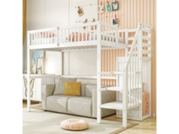 Cama Alta 90x200 Branca Madeira Criança Escada Guarda-roupa Prateleira