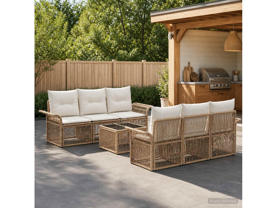 Vidaxl Conjunto De Sofá De Jardim 7 Unid. Bege Vime Pe