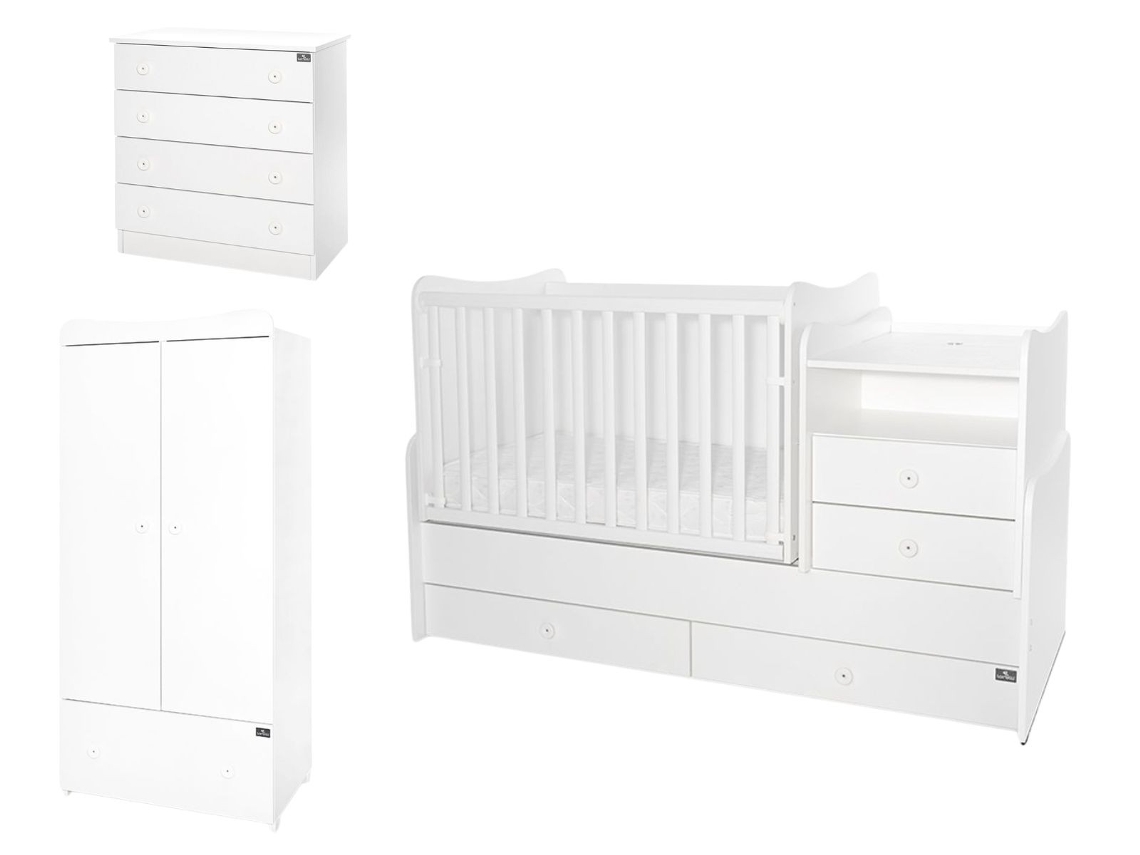 Quarto De Criança Completo Com Berço Convertível Combo 3 Em 1, Cómoda E Roupeiro Da Lorelli - White