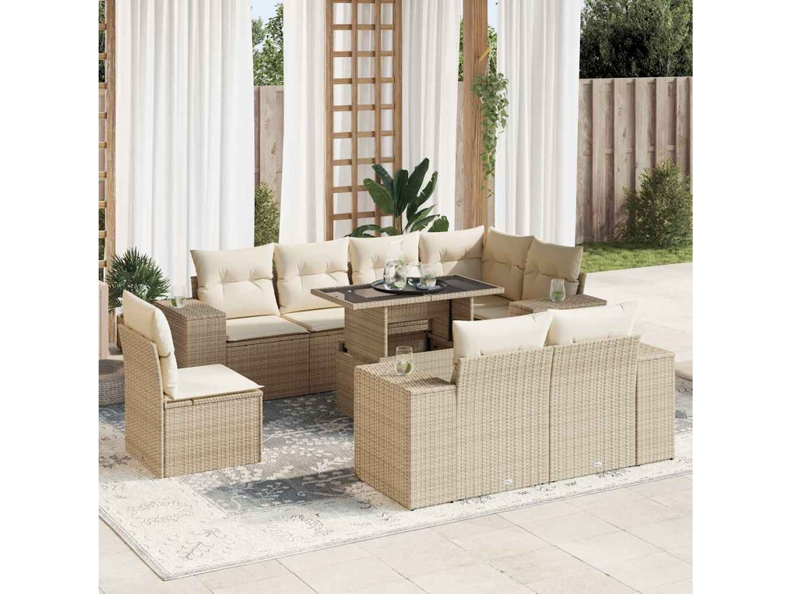 Vidaxl 9 Pcs Conjunto De Sofás P/ Jardim Com Almofadões Vime Pe Bege