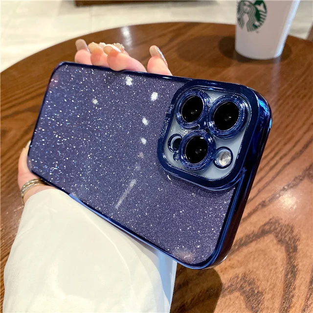 Capa Quadrada De Silicone Com Glitter Eletrodepositado (azul Para Iphone 7 Plus), Capa Protetora Macia Com Glitter.