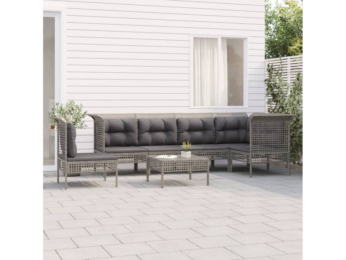 Conjunto 7 Peças Lounge De Jardim C/ Almofadões Vime Pe Cinza Dkd Home Decor
