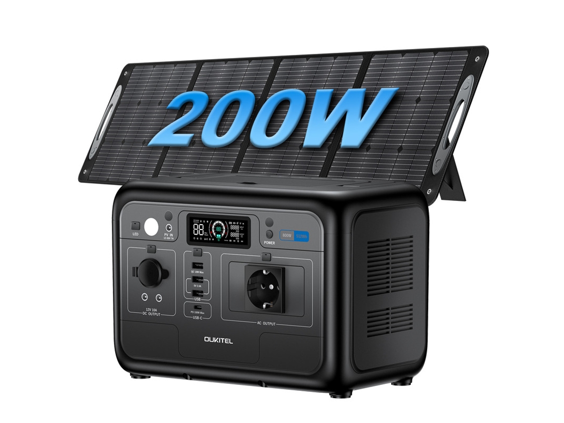 Estação De Energia Portátil Oukitel P800 512wh Lifepo4, 800w (pico 1600w), 2 Tomadas Ac, Painel Solar 200w, Carga Rápida 60min, Campismo E Emergências