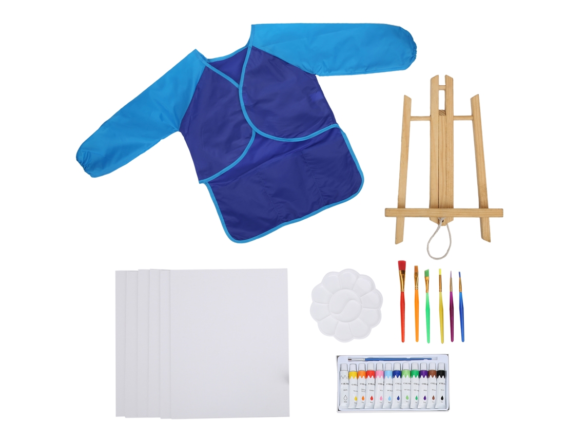 Kit De Tinta Acrílica Diy Para Crianças Com Pincéis Avental E Pizarra Portátil Blue