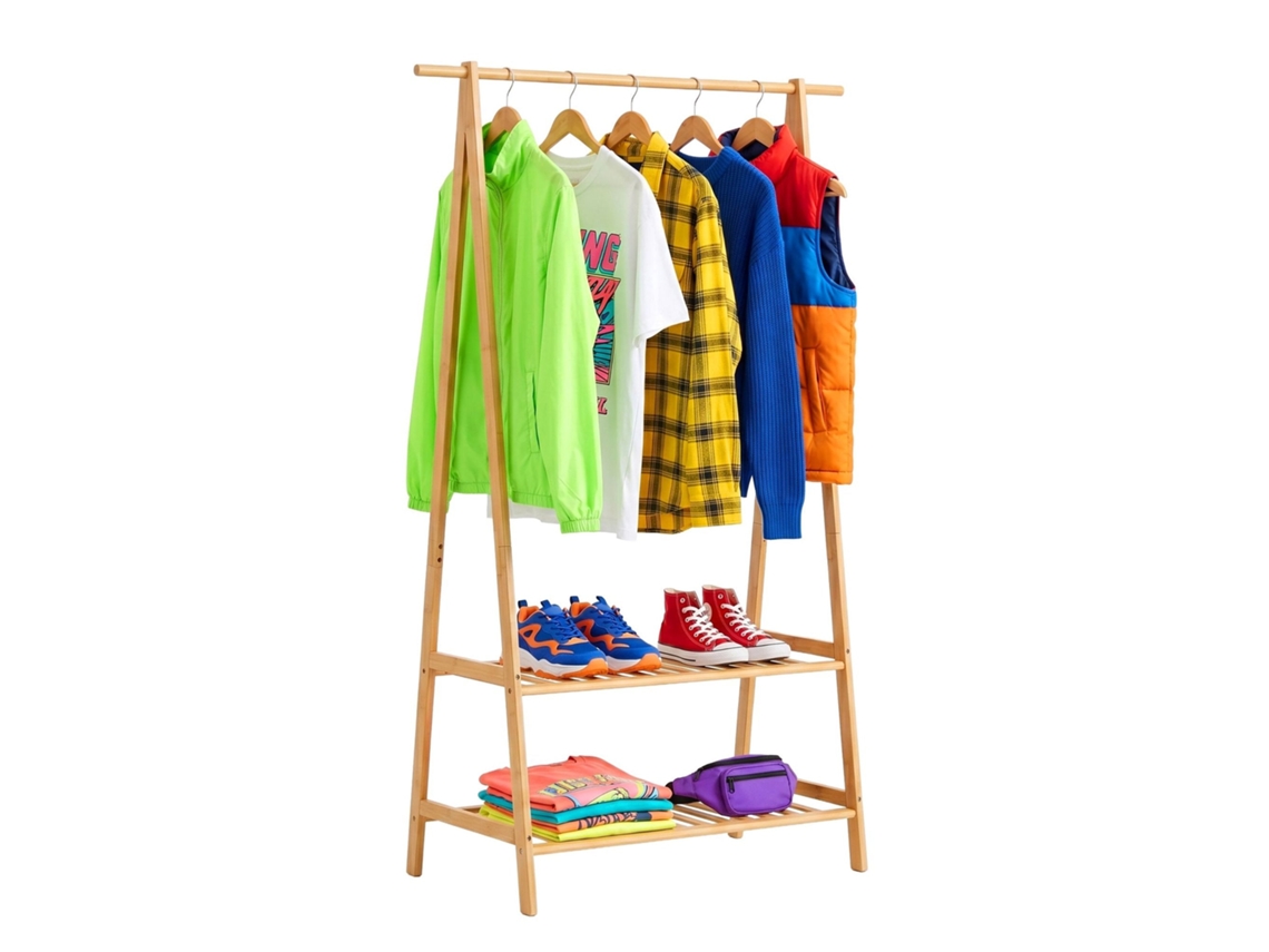 Cabideiro De Bambu Com 2 Prateleiras, Acabamento Natural E Varão Para Roupas