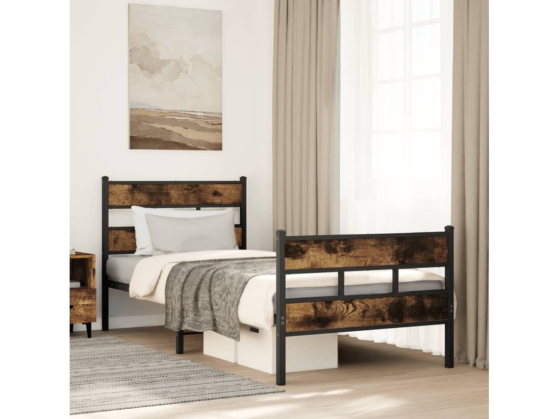 Estrutura De Cama Sem Colchão 100x190 Cm Metal Carvalho Fumado