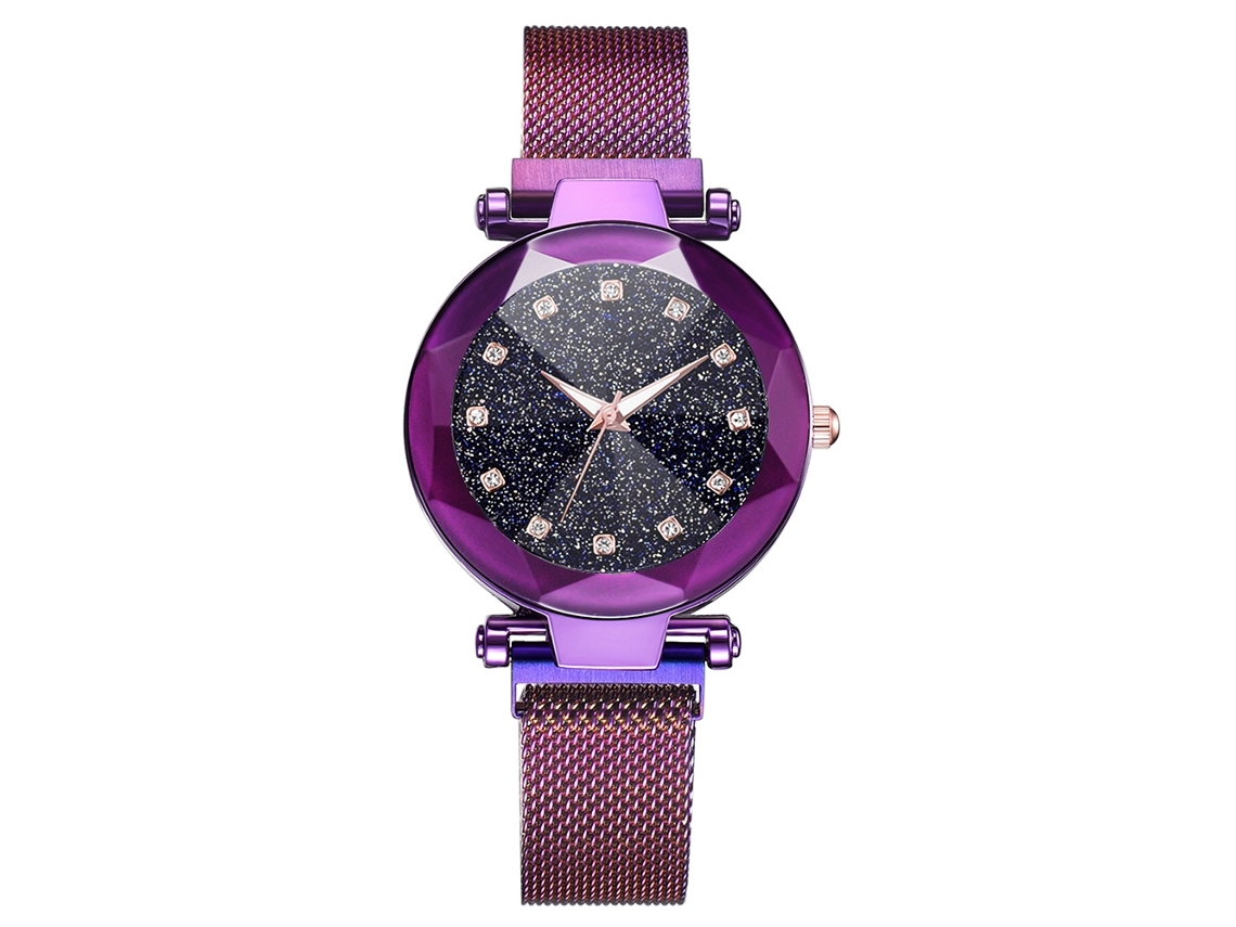 Relógio de Pulso Feminino de Quartzo com Pulseira de Malha e Botão Magnético (roxo)
