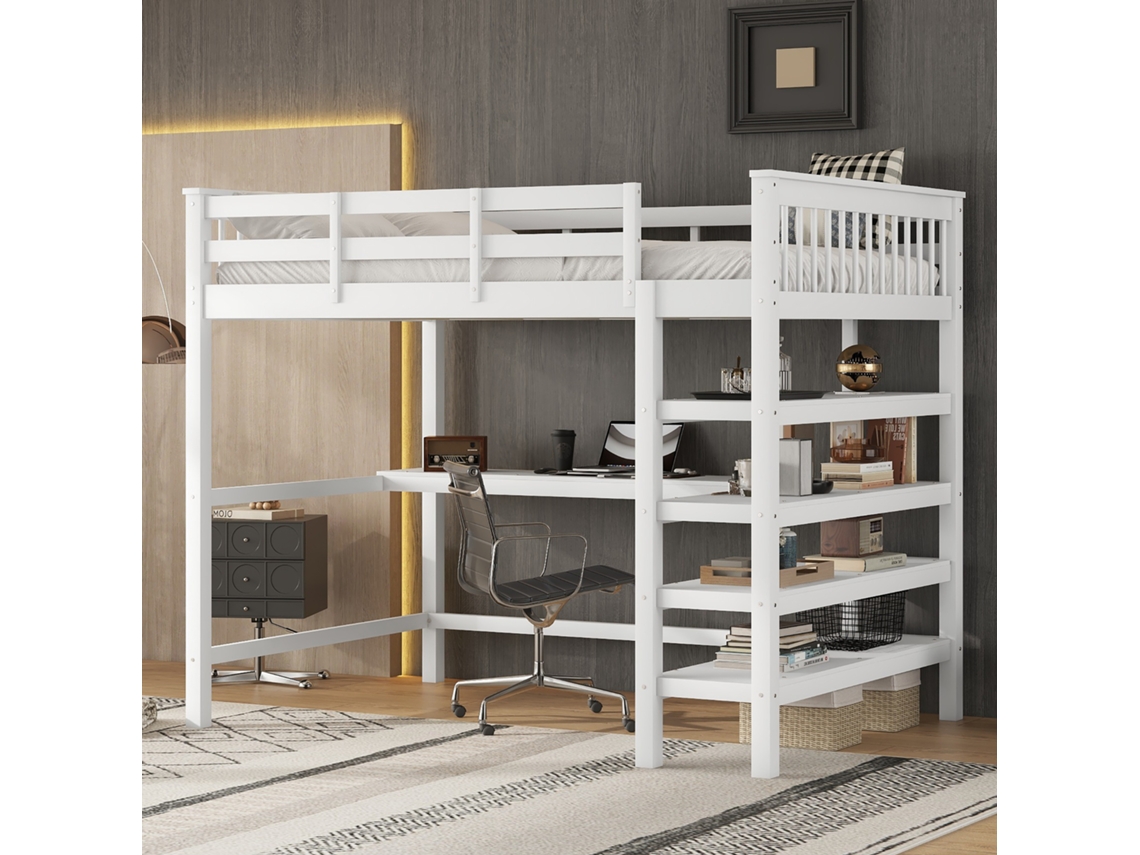 Cama Alta Infantil 140x200 Branca Com Prateleiras E Mesa