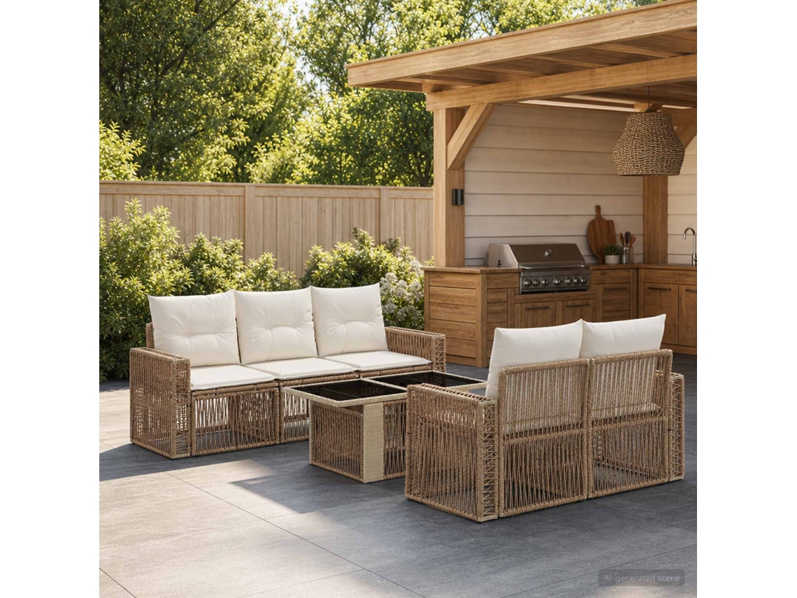 Vidaxl Conjunto De Sofá De Jardim 6 Unid. Bege E Branco Creme Vime Pe