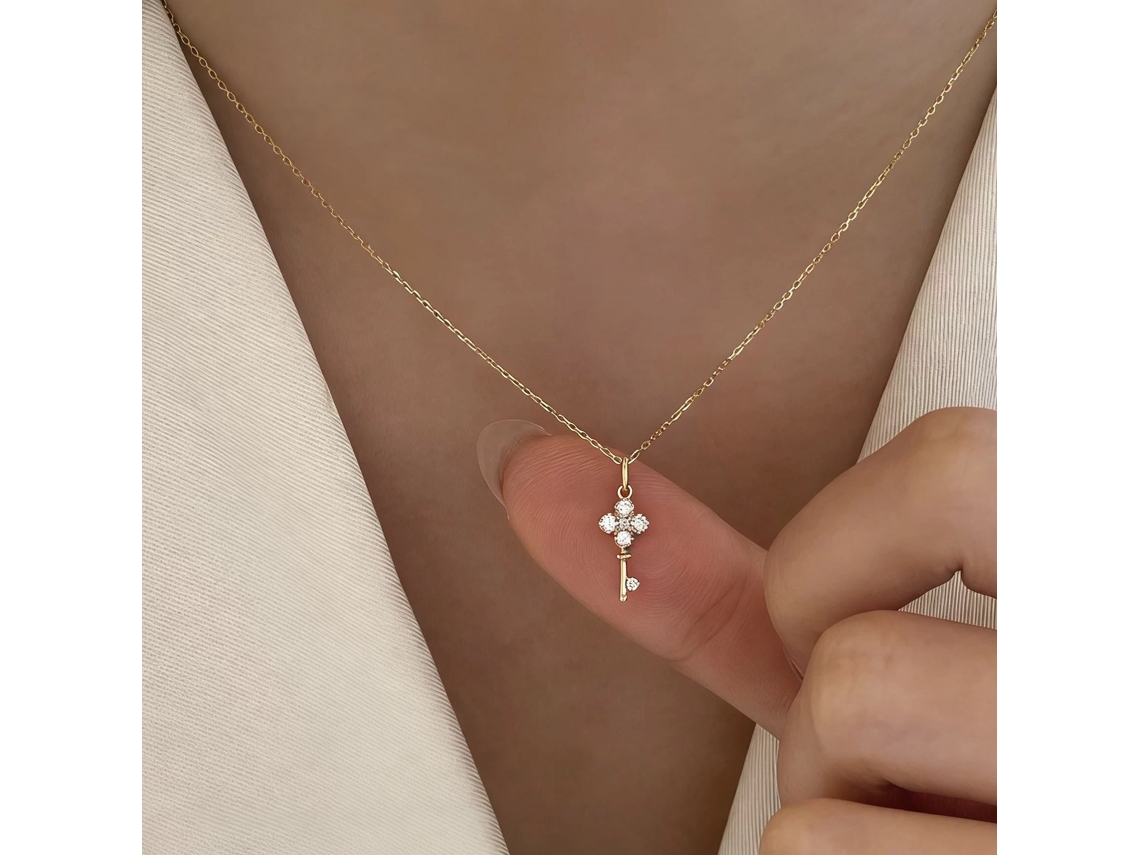 Desvende o Desejo do Seu Coração~ Colar Mini Chave Zircônia em Prata S925, Trevo de Quatro Folhas de Luxo MDUG (ouro)