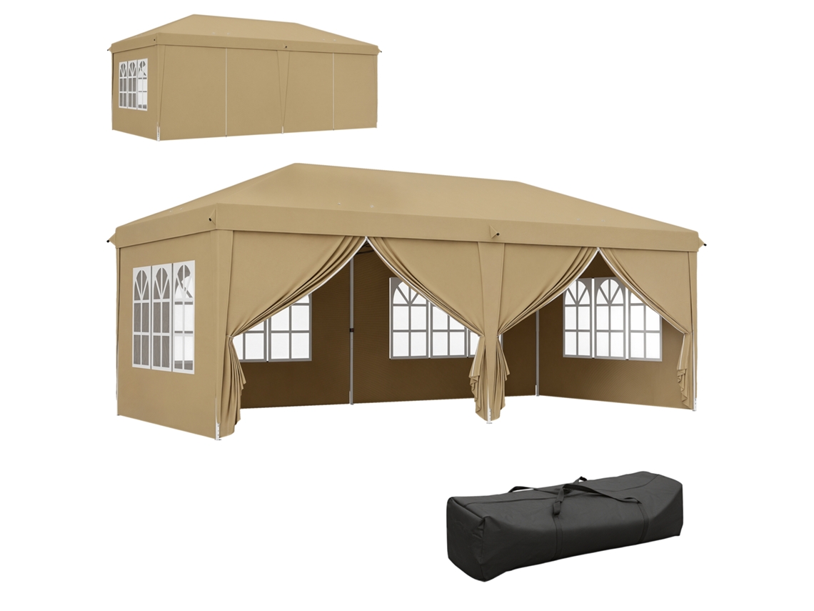 Gazebo Dobrável À Prova D'água 6 X 3 X 2,7 M 4 Paredes Laterais Removíveis 4 Janelas Bolsa de Transporte Cáqui Ge