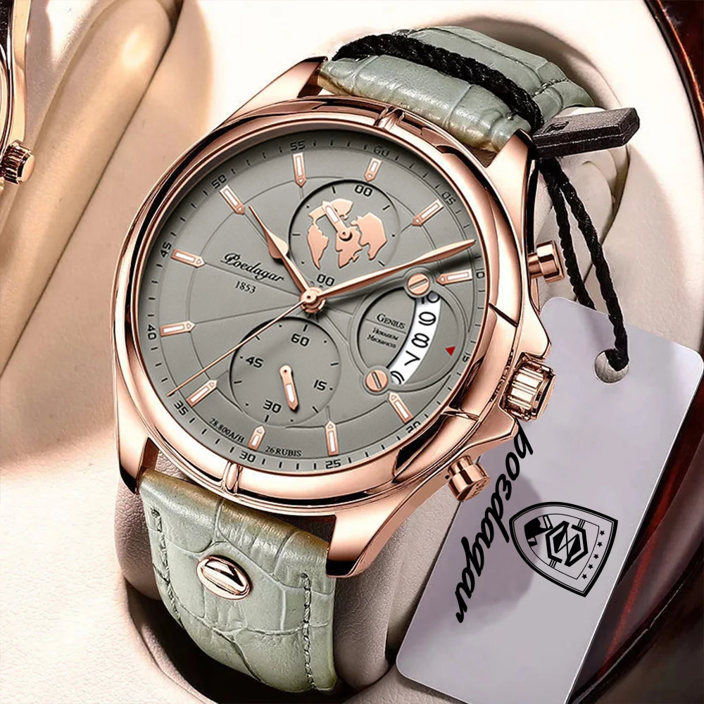 Relógio masculino funcional (verde cáqui) com cronógrafo, função de dados, pulseira de couro e movimento de quartzo.