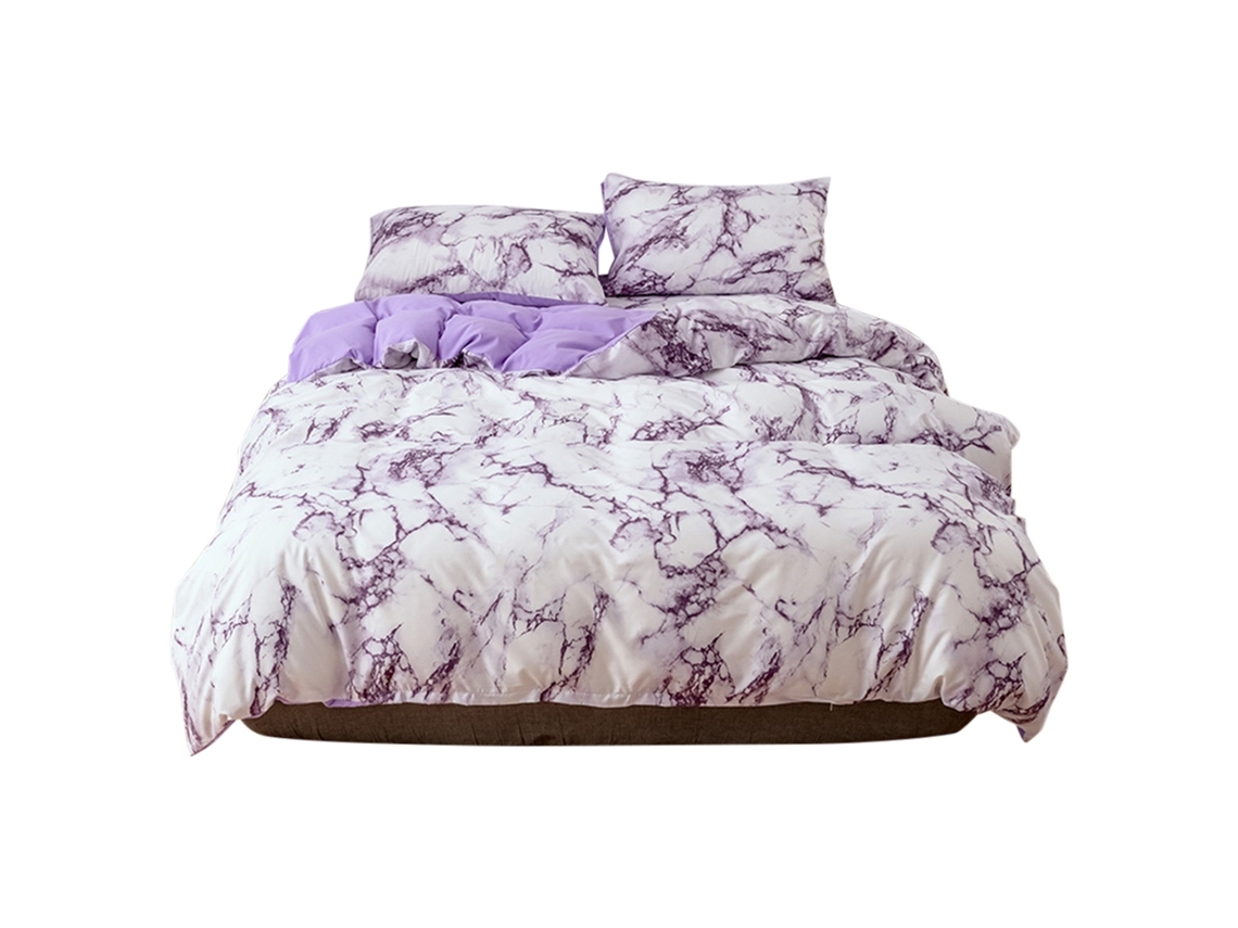 Conjunto de lençóis marmoreados de poliéster com capa de edredão e travesseiros tamanho double Eu roxo S/MARCA