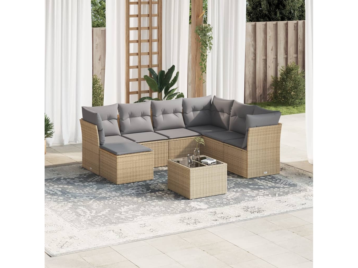 Vidaxl 8 Pcs Conjunto De Sofás P/ Jardim Com Almofadões Vime Pe Bege