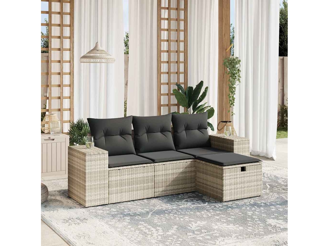 Vidaxl 4 Pcs Conj. Sofás Jardim C/ Almofadões Vime Pe Cinzento-claro