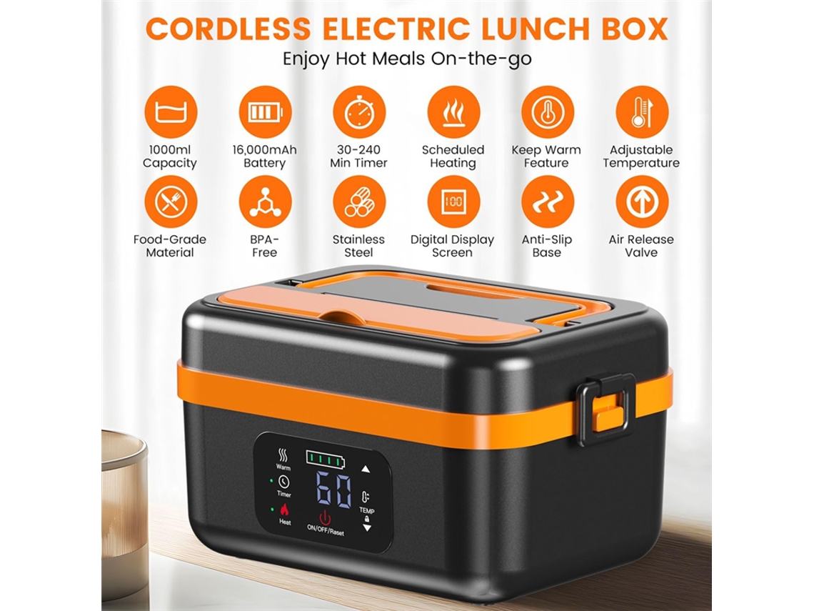 Caixa De Almoço Elétrica Sem Fio A76g, Recarregável, Autoaquecimento, 16000mah, Para Trabalho, Viagem, Carro Ou Escritório, Preto E Laranja Viewleaf