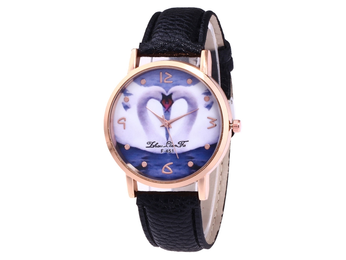 Reloj De Pulsera Estudiantil De Cuarzo Con Correa Pu Patrón Cisne Corazón (negro)