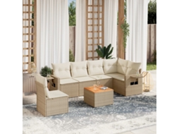 7 Pcs Conjunto De Sofás P/ Jardim Com Almofadões Vime Pe Bege Dkd Home Decor