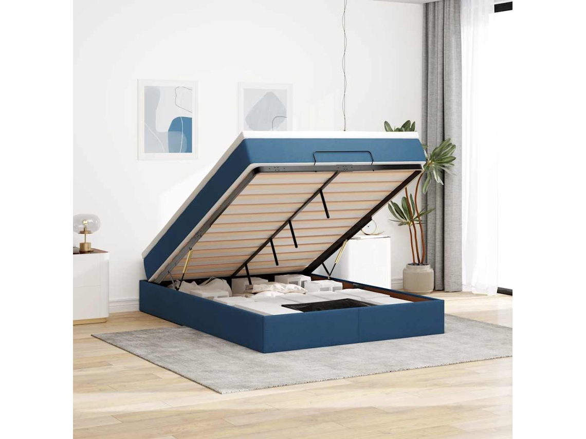 Vidaxl Estrutura De Cama Otomana Com Colchão 140x190cm Tecido Azul