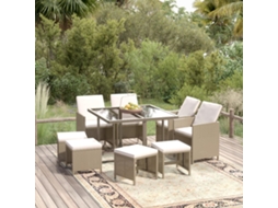 Vidaxl 9 Pcs Conjunto De Jantar P/ Jardim Com Almofadões Vime Pe Bege