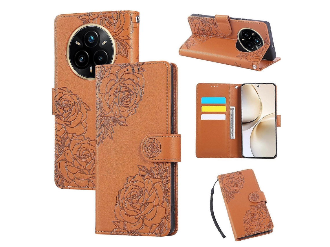 Capa De Couro Para Celular Com Estampa De Flor De Rosa E 3 Compartimentos Para Cartões