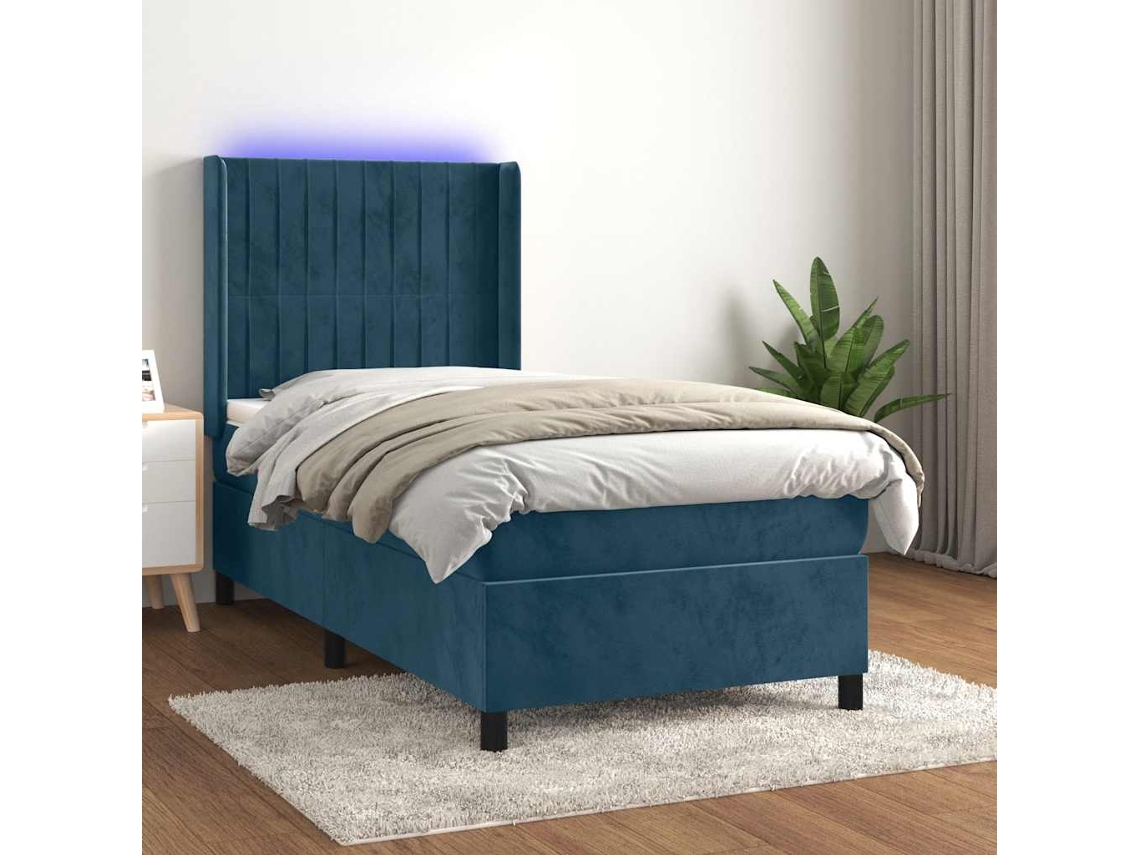 Vidaxl Cama Box Spring C/ Colchão/led 90x200 Cm Veludo Azul-escuro