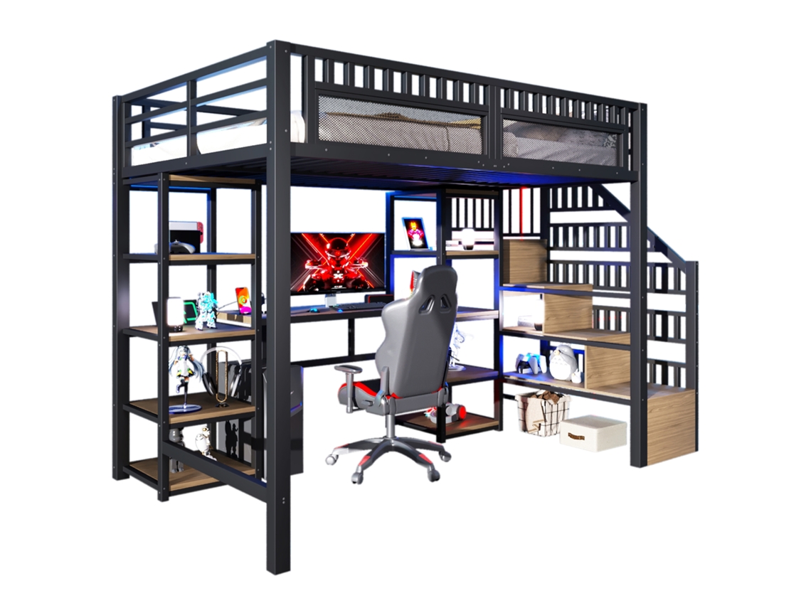 Cama Alta 140x200 Cm em Ferro com Compartimento, escada com Armazenamento, mesa, luz Led e Porta Usb, colchão Não Incluído, preta PAPRIKA