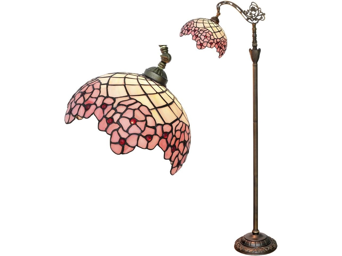 Abajur De Chão Estilo Tiffany Com Cúpula Arqueada Em Vidro Rosa, Cúpula Vintage Com Contas Vermelhas E Flores Rosa