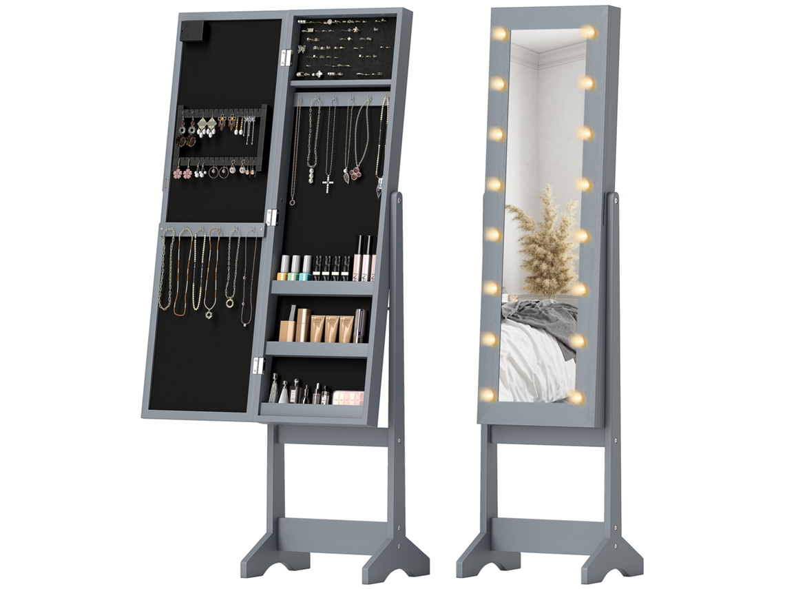 Espelho Joyero com Luzes LED, armário para joias, cinza BTFORUS